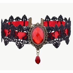 Victorian Gothic Lace Choker Red Rhinestone Pendant Necklace